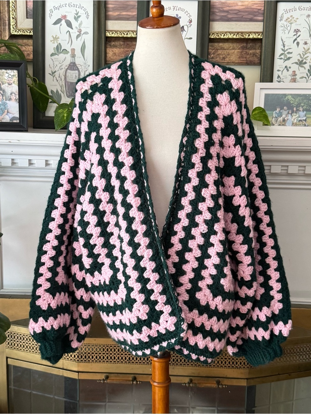 New Handmade Granny Square Crochet Cardigan Pink Green Oversized Boho